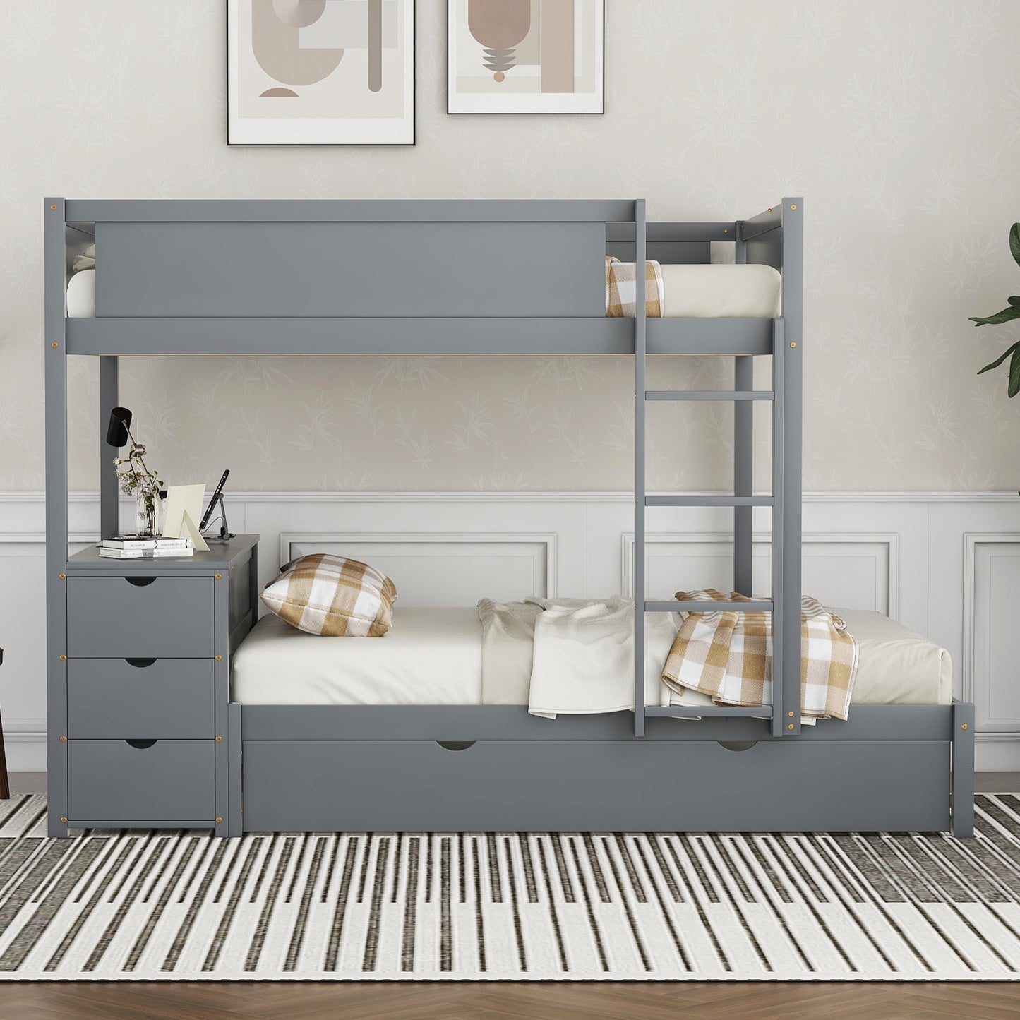 Full-Over-Full Bunk Bed - Gray with Desk & Trundle for Bedroom
