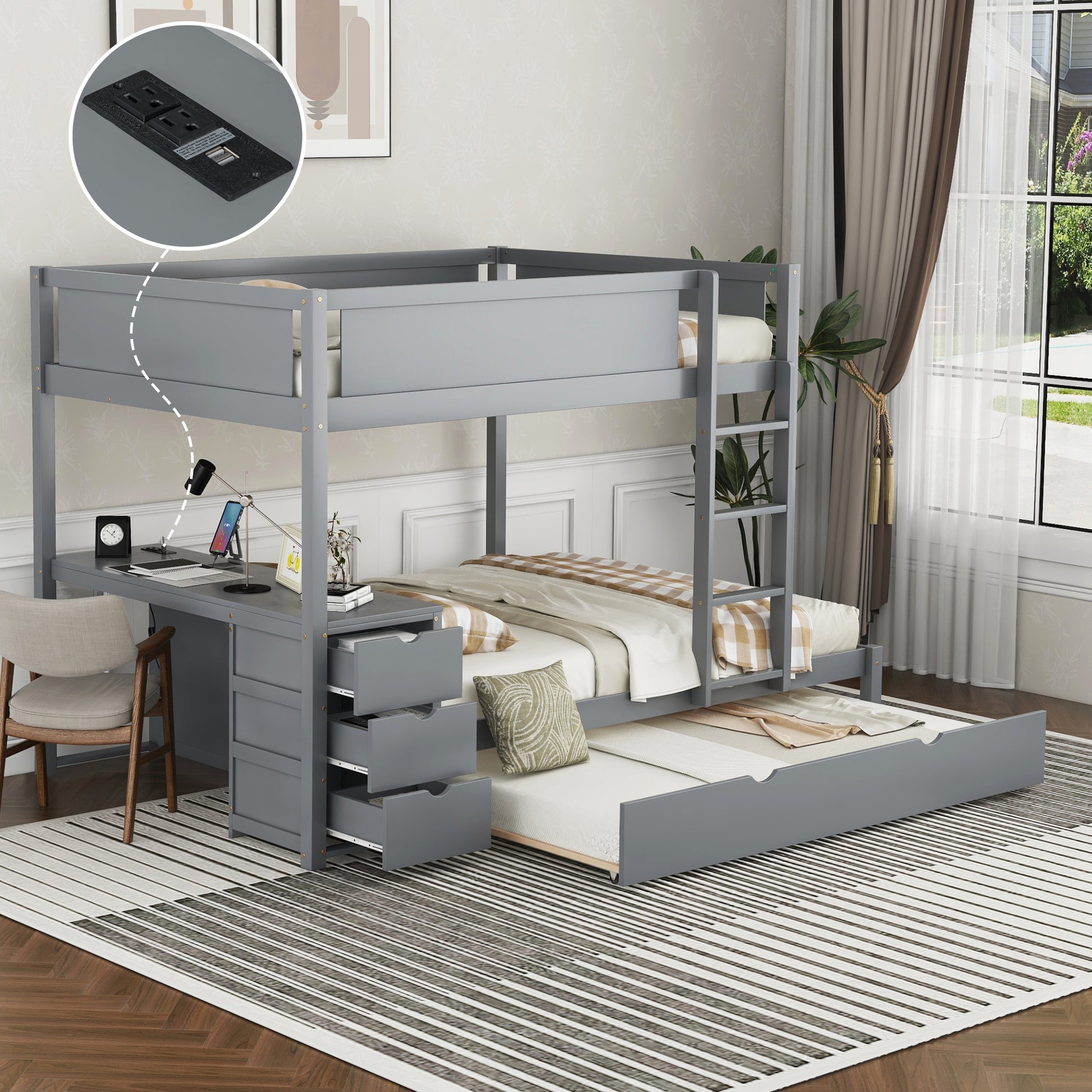 Full-Over-Full Bunk Bed - Gray with Desk & Trundle for Bedroom