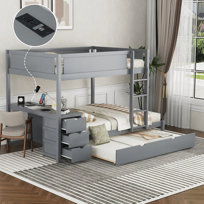 Full-Over-Full Bunk Bed - Gray with Desk & Trundle for Bedroom