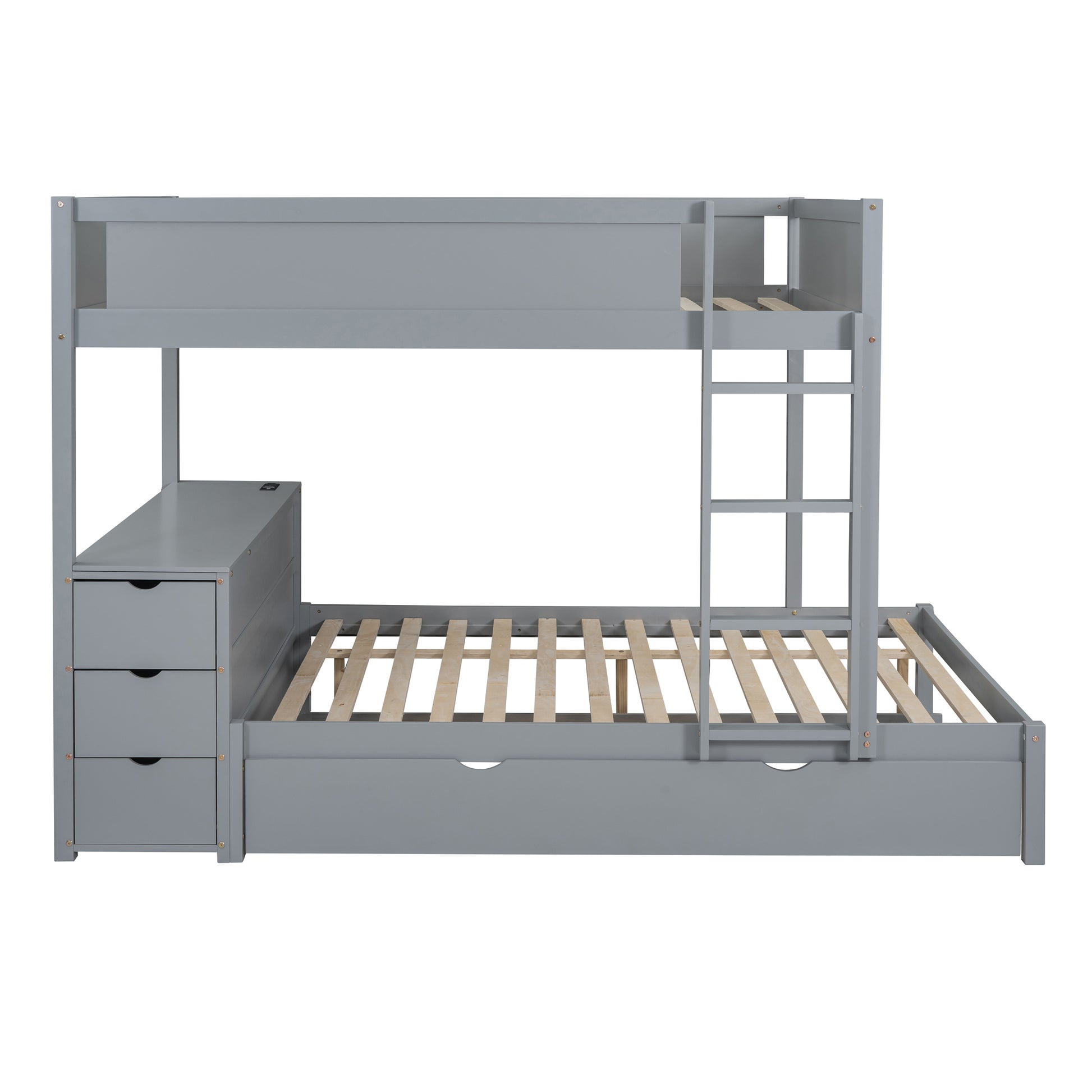 Full-Over-Full Bunk Bed - Gray with Desk & Trundle for Bedroom