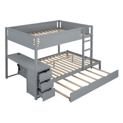 Full-Over-Full Bunk Bed - Gray with Desk & Trundle for Bedroom