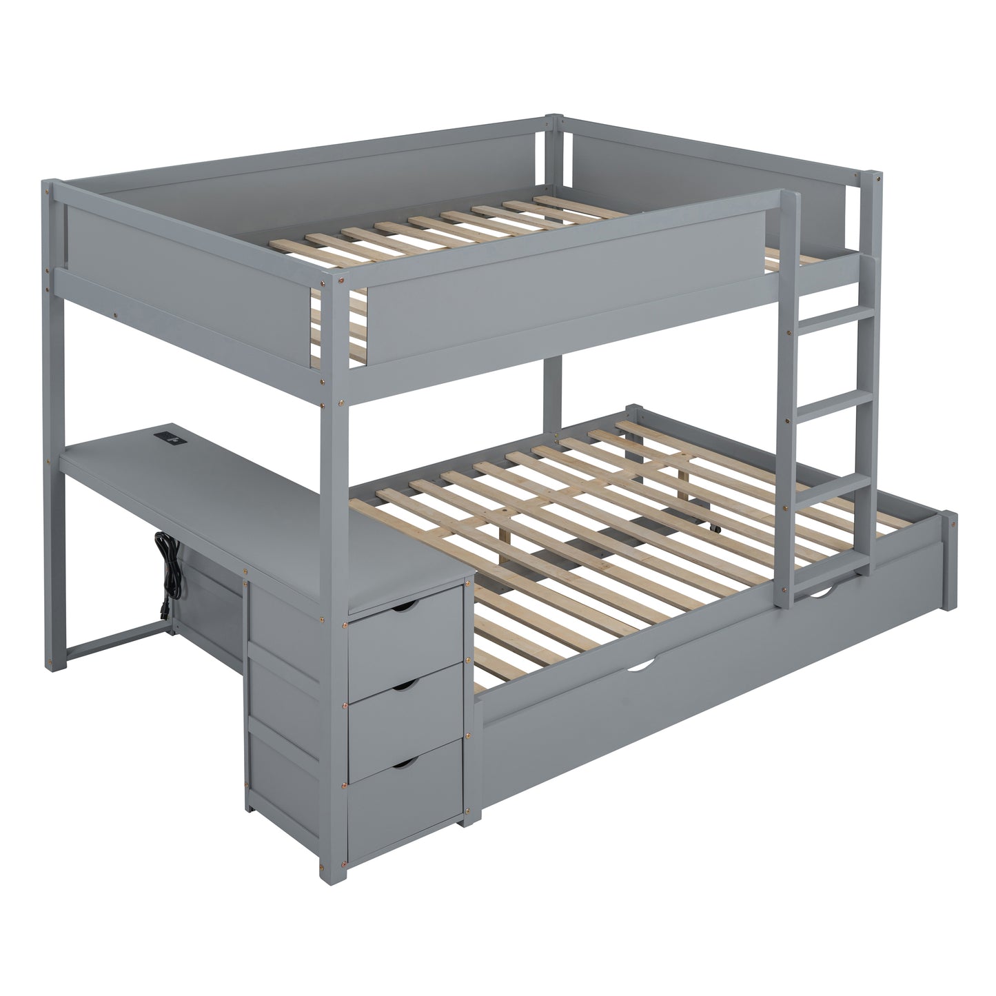 Full-Over-Full Bunk Bed - Gray with Desk & Trundle for Bedroom