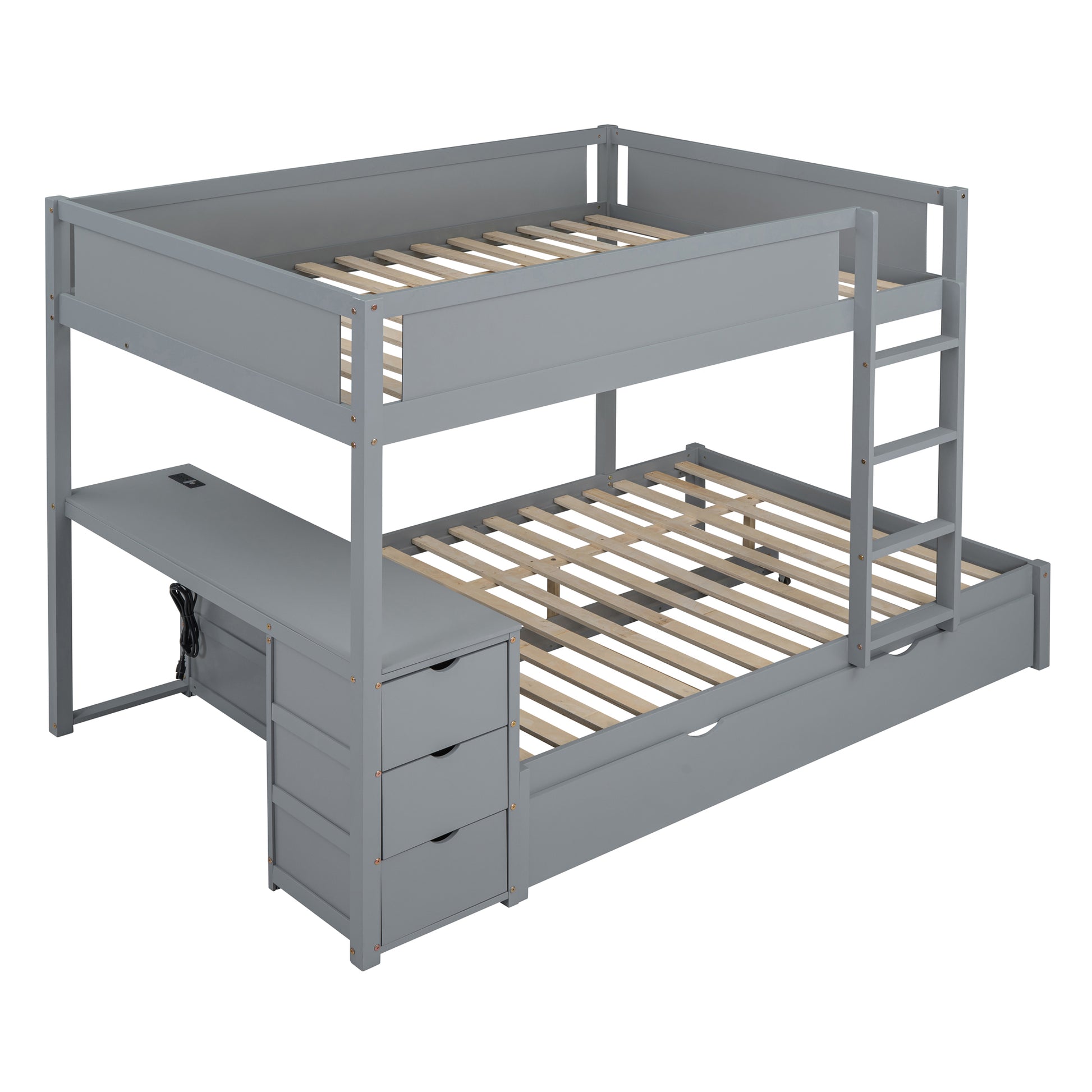 Full-Over-Full Bunk Bed - Gray with Desk & Trundle for Bedroom