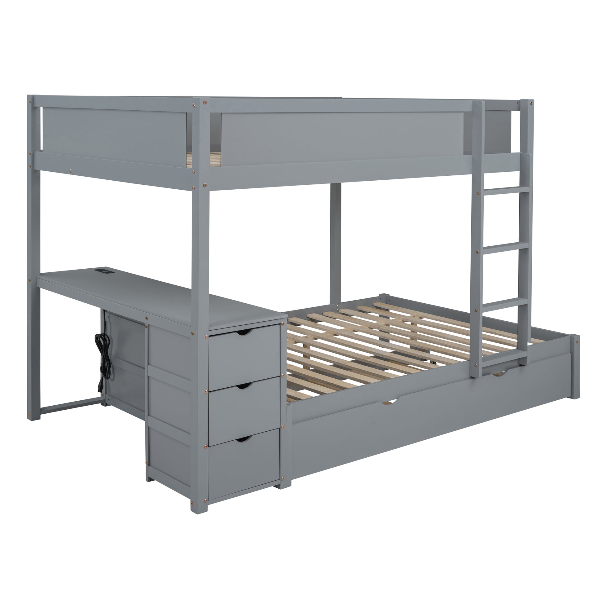 Full-Over-Full Bunk Bed - Gray with Desk & Trundle for Bedroom
