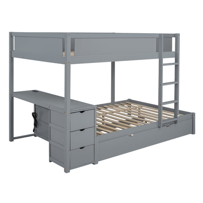 Full-Over-Full Bunk Bed - Gray with Desk & Trundle for Bedroom