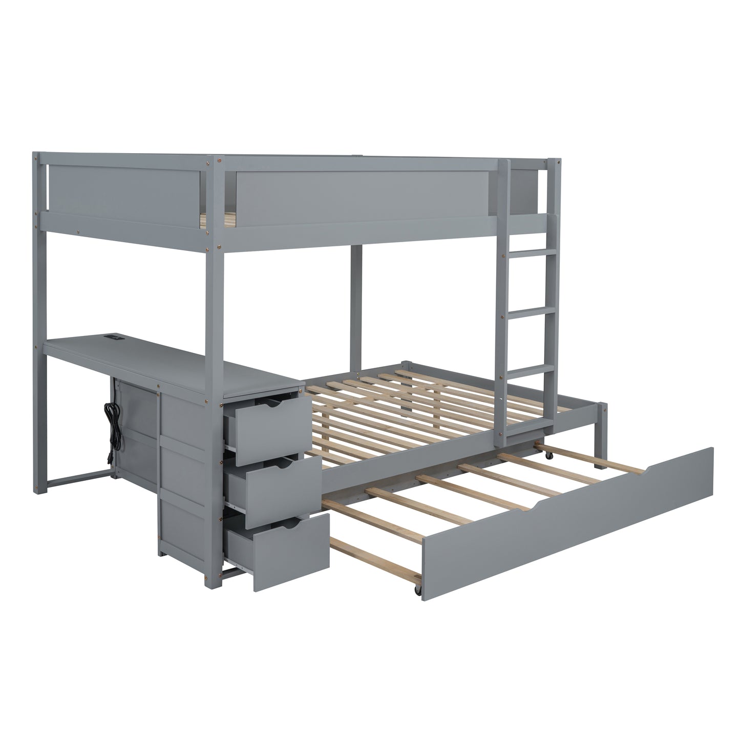 Full-Over-Full Bunk Bed - Gray with Desk & Trundle for Bedroom