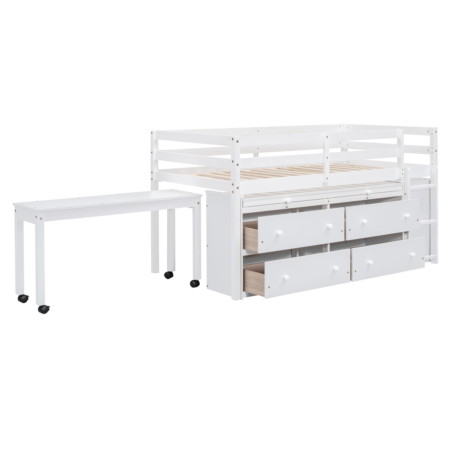 Twin Loft Bed with Desk - White Solid Wood Frame for Bedroom