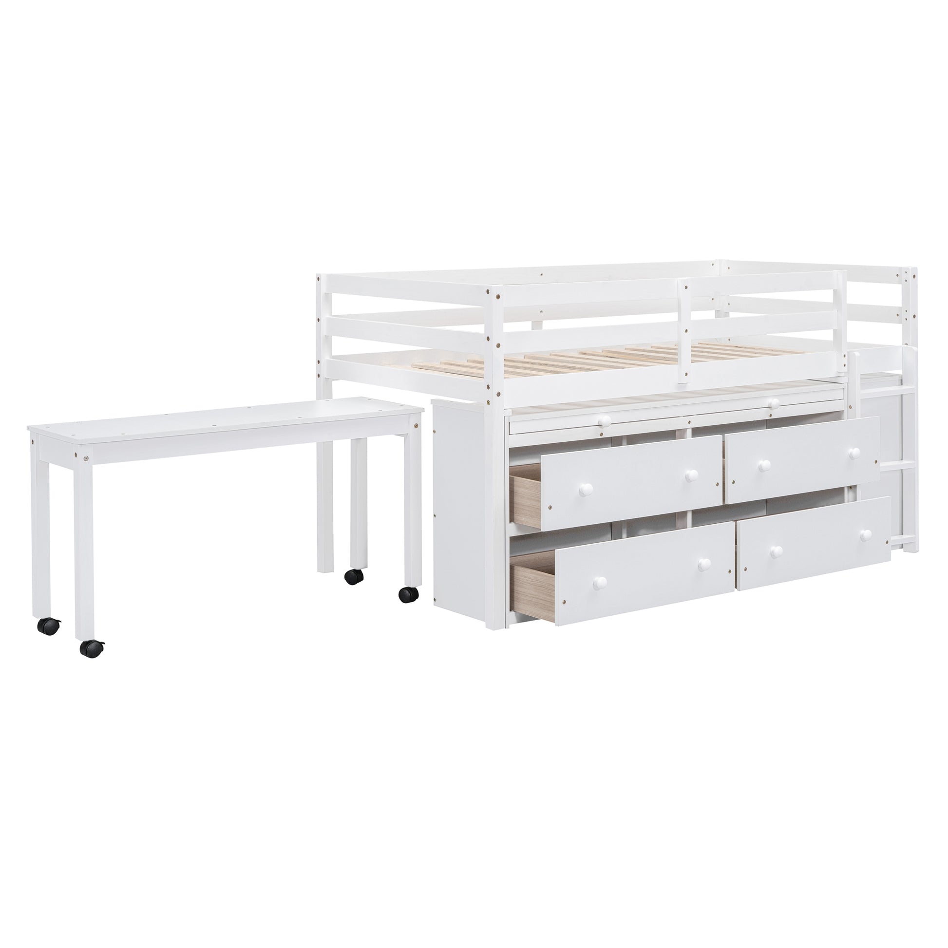 Twin Loft Bed with Desk - White Solid Wood Frame for Bedroom