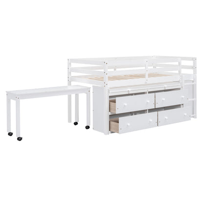Twin Loft Bed with Desk - White Solid Wood Frame for Bedroom