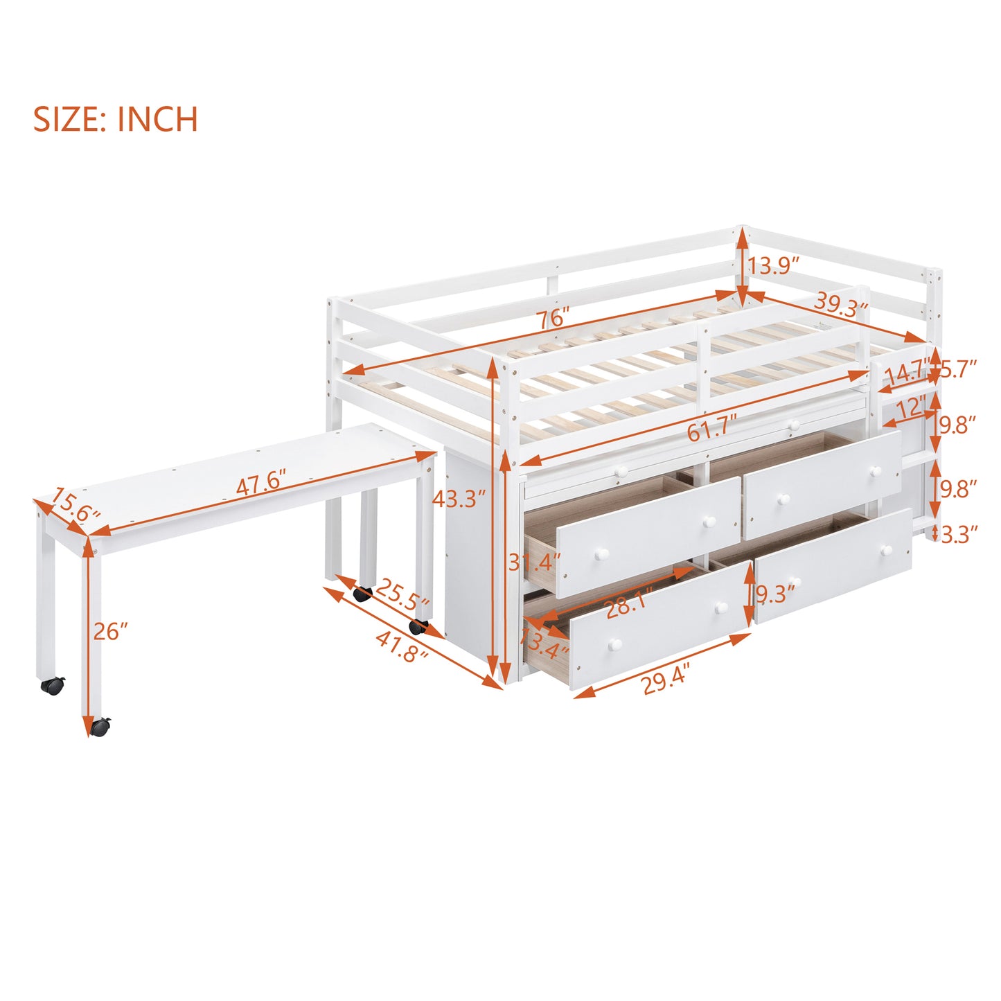 Twin Loft Bed with Desk - White Solid Wood Frame for Bedroom
