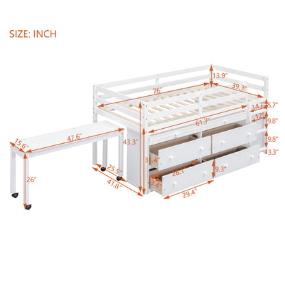 Twin Loft Bed with Desk - White Solid Wood Frame for Bedroom