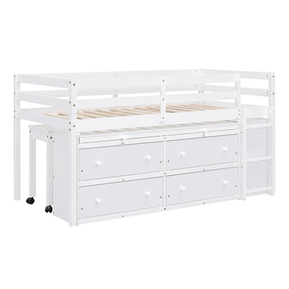 Twin Loft Bed with Desk - White Solid Wood Frame for Bedroom