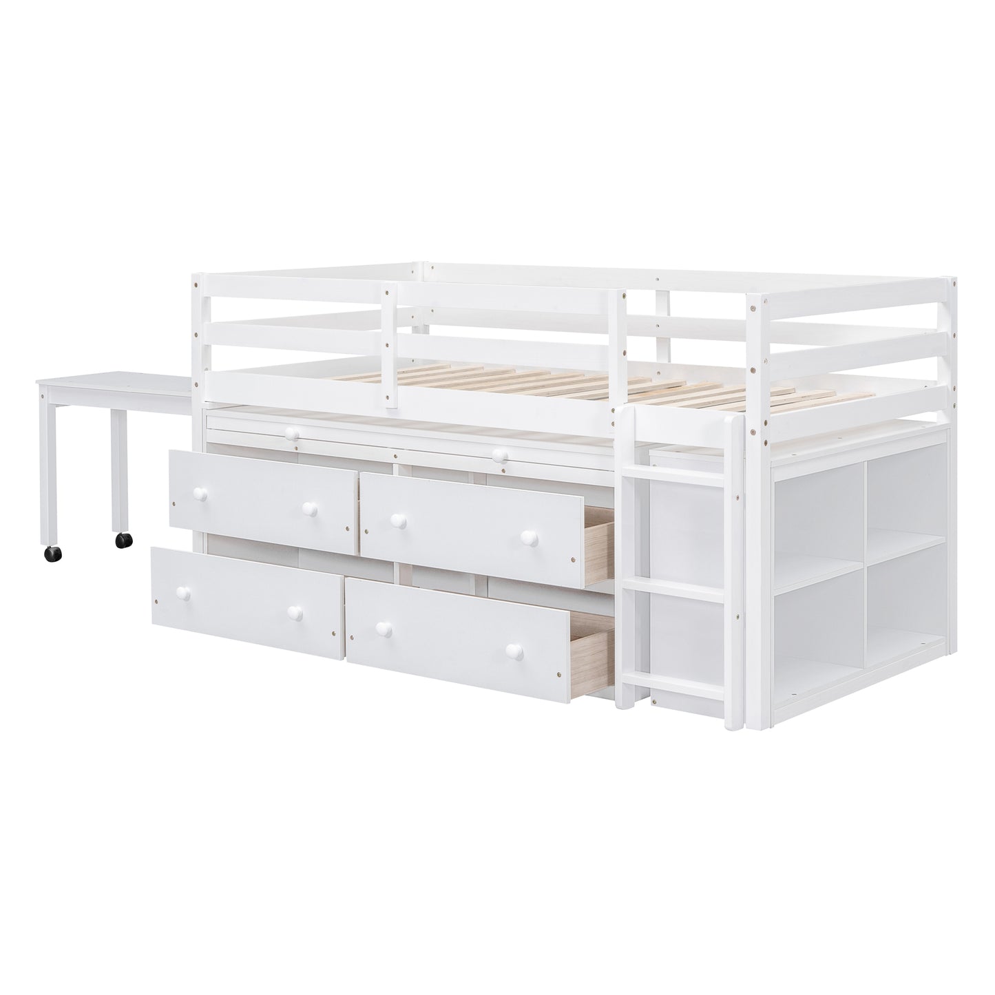 Twin Loft Bed with Desk - White Solid Wood Frame for Bedroom