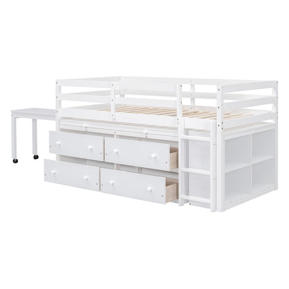 Twin Loft Bed with Desk - White Solid Wood Frame for Bedroom