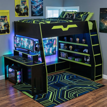 Full Size Wood Loft Bed with Desk, Multi-storage Shelves and RGB Light, Table with adjustable placement,Green