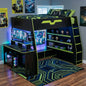 Full Size Wood Loft Bed with Desk, Multi-storage Shelves and RGB Light, Table with adjustable placement,Green