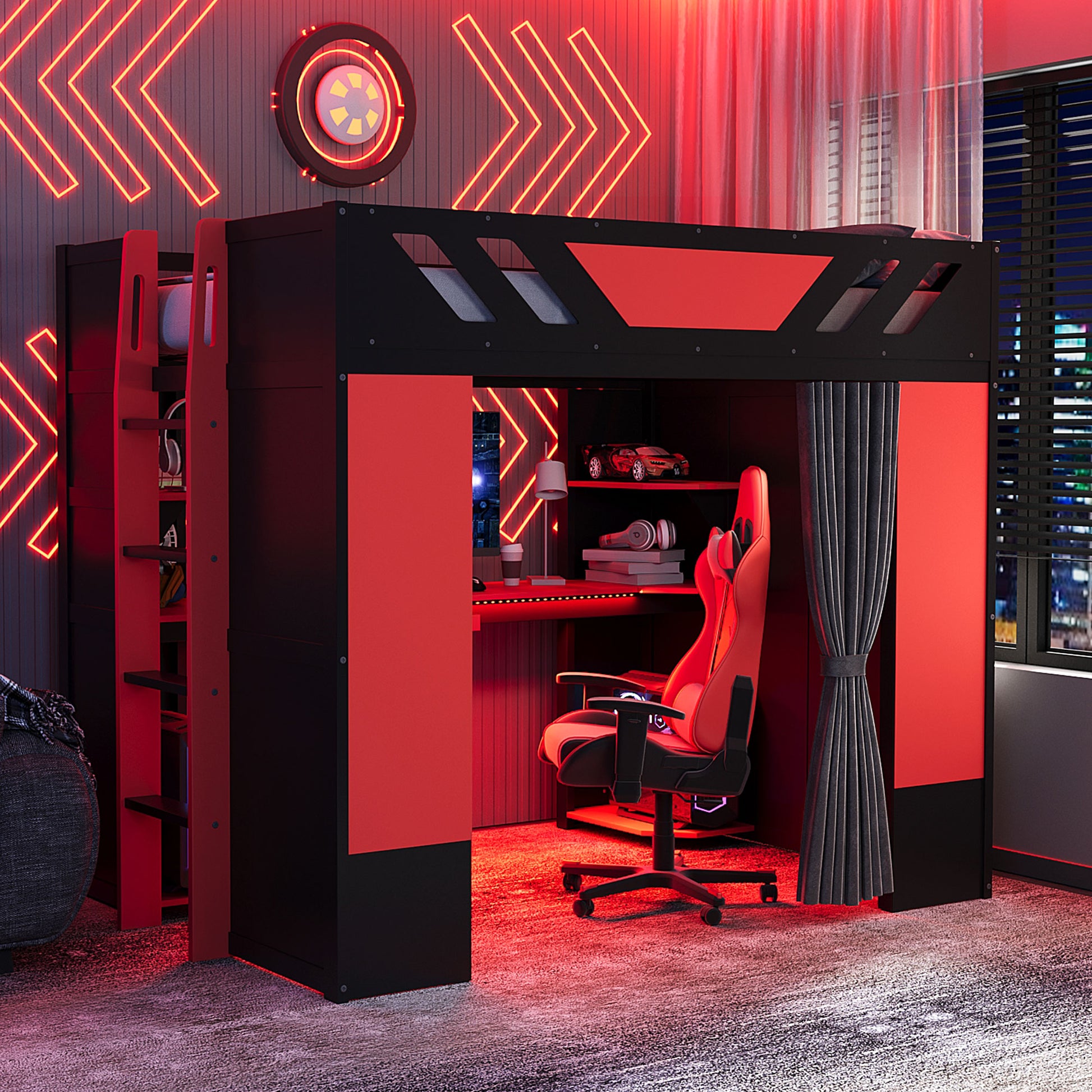 Full Size Wood Loft Bed with,Shelves,Blackout Curtains,and RGB Lights,Black+Red