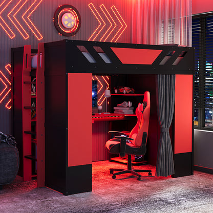 Full Size Wood Loft Bed with,Shelves,Blackout Curtains,and RGB Lights,Black+Red