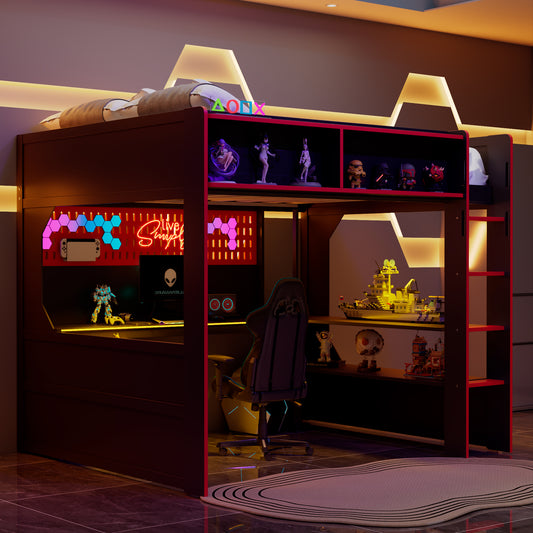 Full Size Gaming Loft Bed with Integrated Desk and Lights, Modern Wooden Bed Frame with Desk and Built-in Charging Station, Black+Red