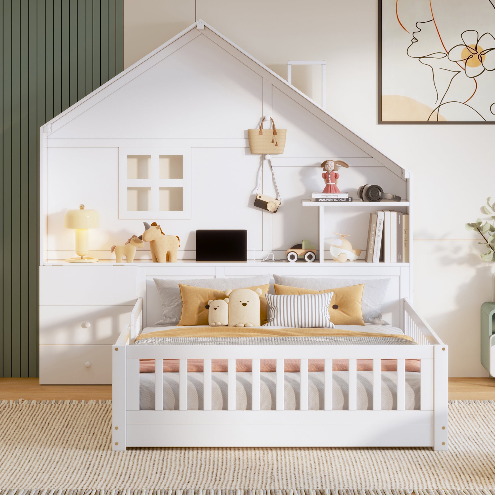 Full Size House Bed with Storage - White Solid Wood MDF