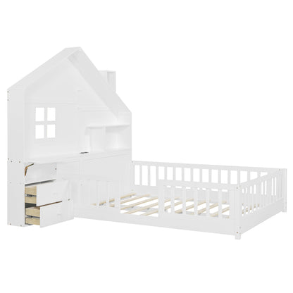 Full Size House Bed with Storage - White Solid Wood MDF