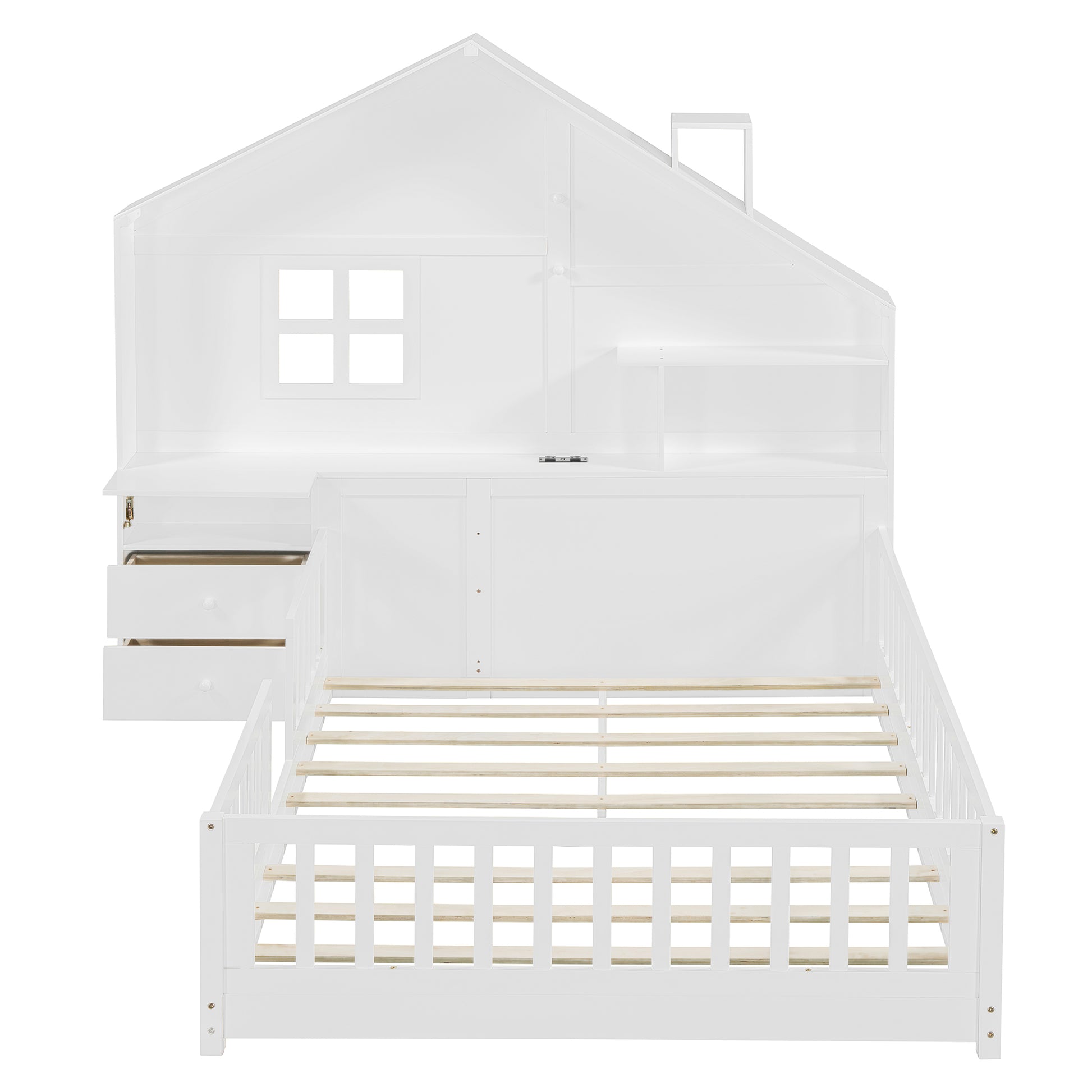 Full Size House Bed with Storage - White Solid Wood MDF
