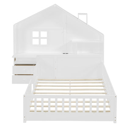 Full Size House Bed with Storage - White Solid Wood MDF
