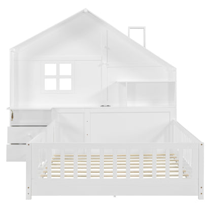 Full Size House Bed with Storage - White Solid Wood MDF