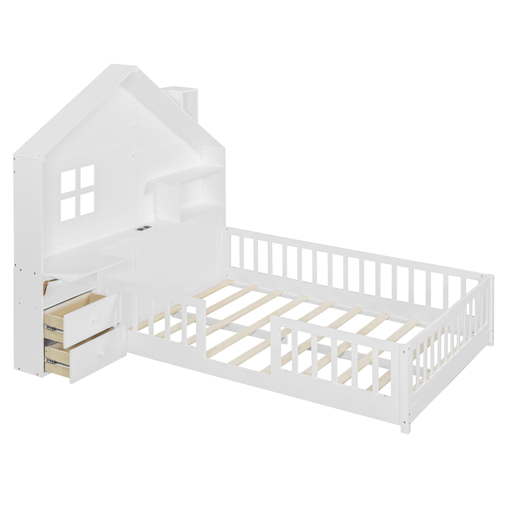 Full Size House Bed with Storage - White Solid Wood MDF