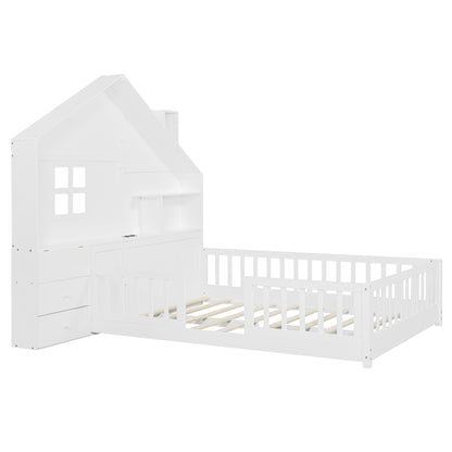 Full Size House Bed with Storage - White Solid Wood MDF