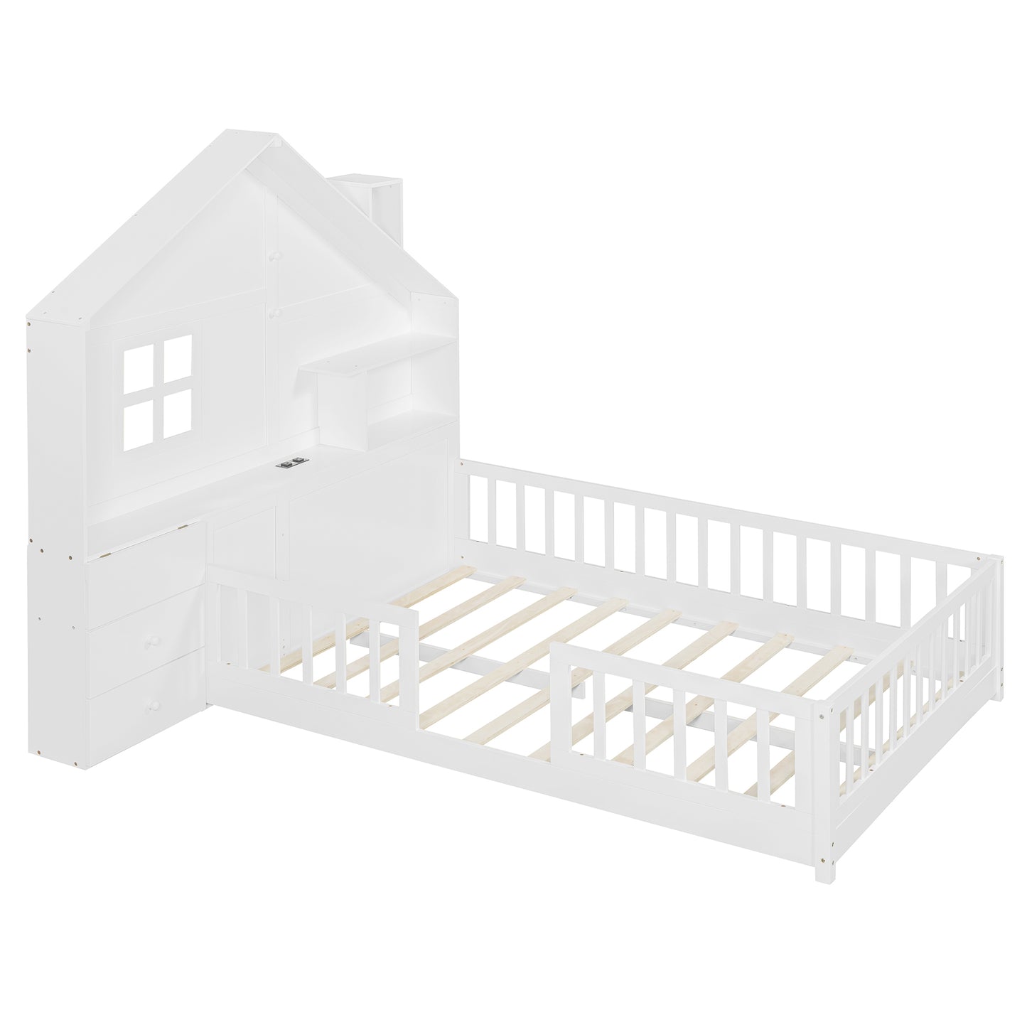 Full Size House Bed with Storage - White Solid Wood MDF
