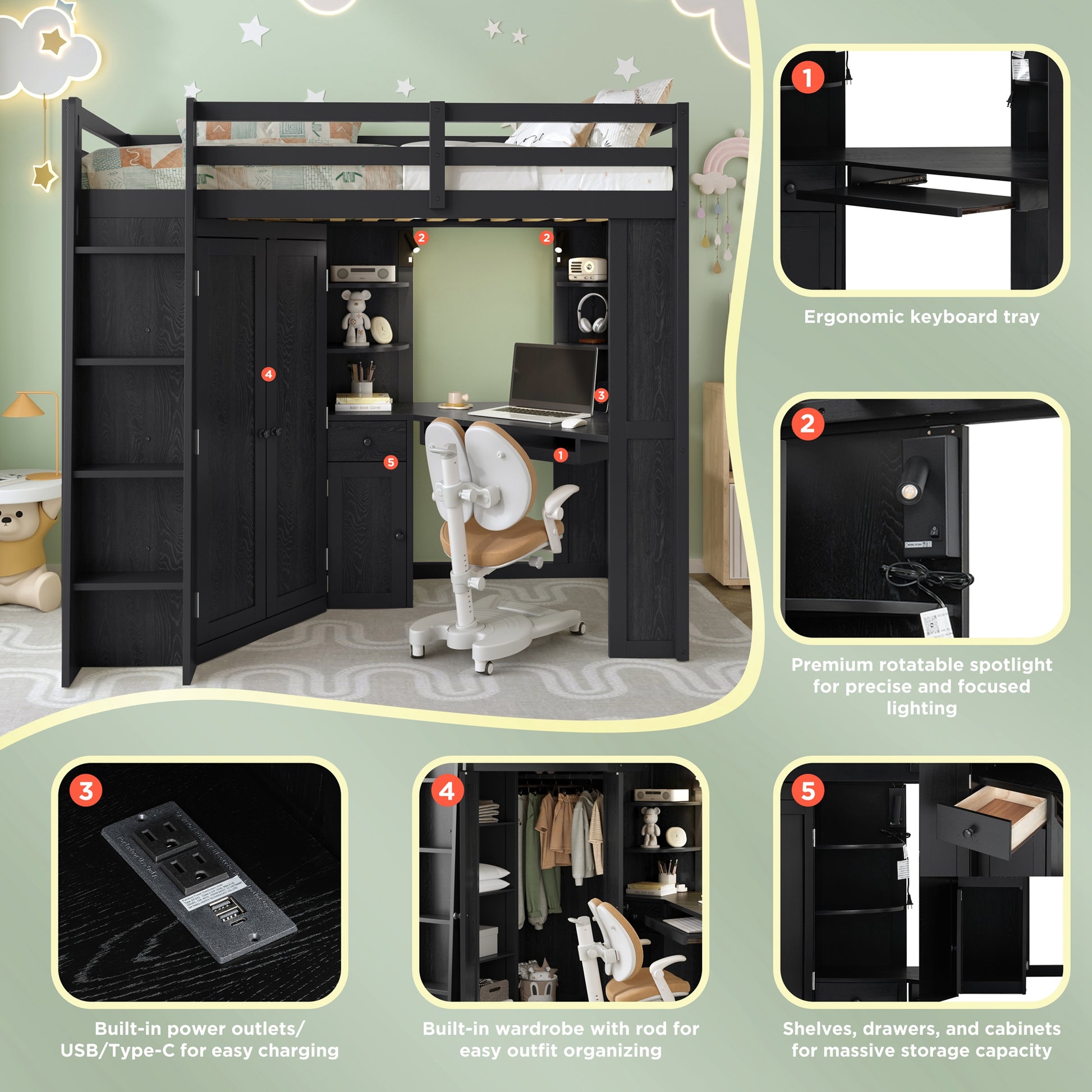 Twin Loft Bed with Wardrobe & Desk - Black Wood Frame for Bedroom