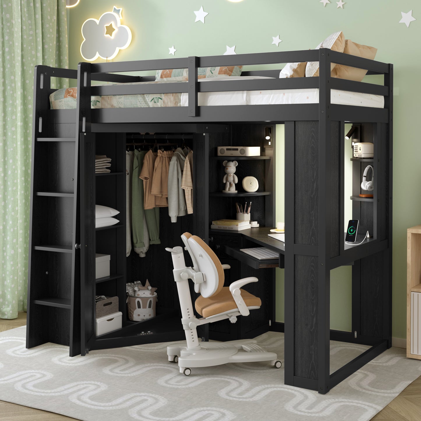 Twin Loft Bed with Wardrobe & Desk - Black Wood Frame for Bedroom