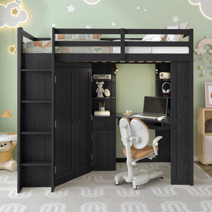 Twin Loft Bed with Wardrobe & Desk - Black Wood Frame for Bedroom
