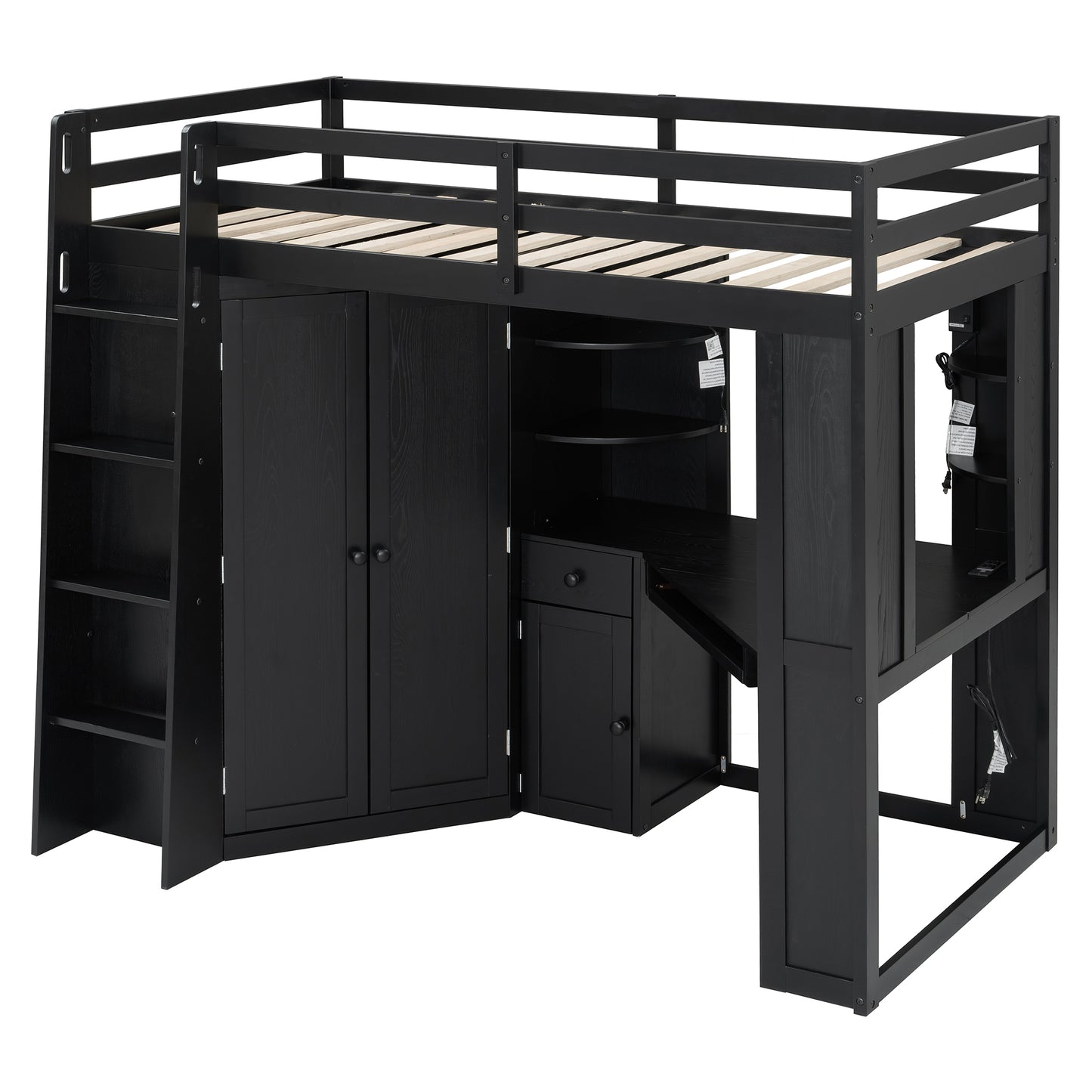 Twin Loft Bed with Wardrobe & Desk - Black Wood Frame for Bedroom