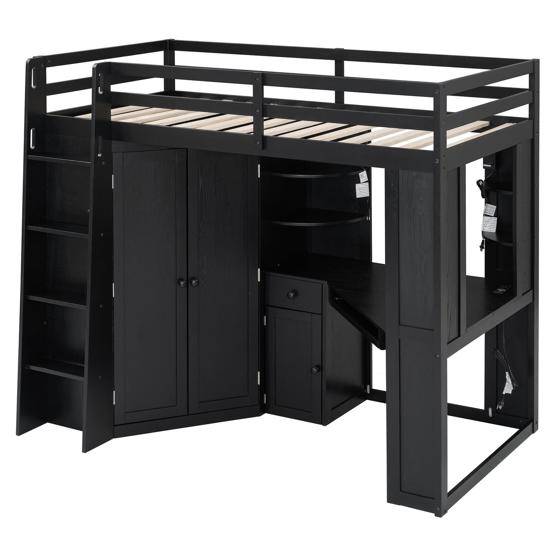 Twin Loft Bed with Wardrobe & Desk - Black Wood Frame for Bedroom