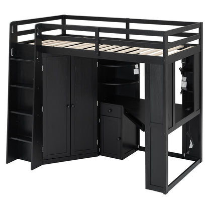 Twin Loft Bed with Wardrobe & Desk - Black Wood Frame for Bedroom