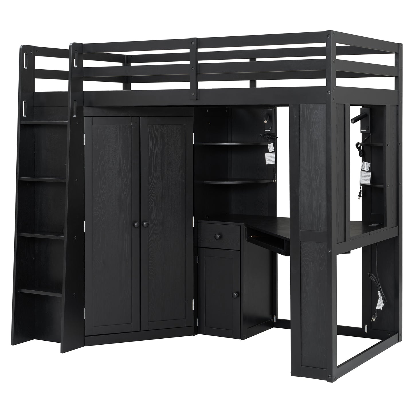 Twin Loft Bed with Wardrobe & Desk - Black Wood Frame for Bedroom