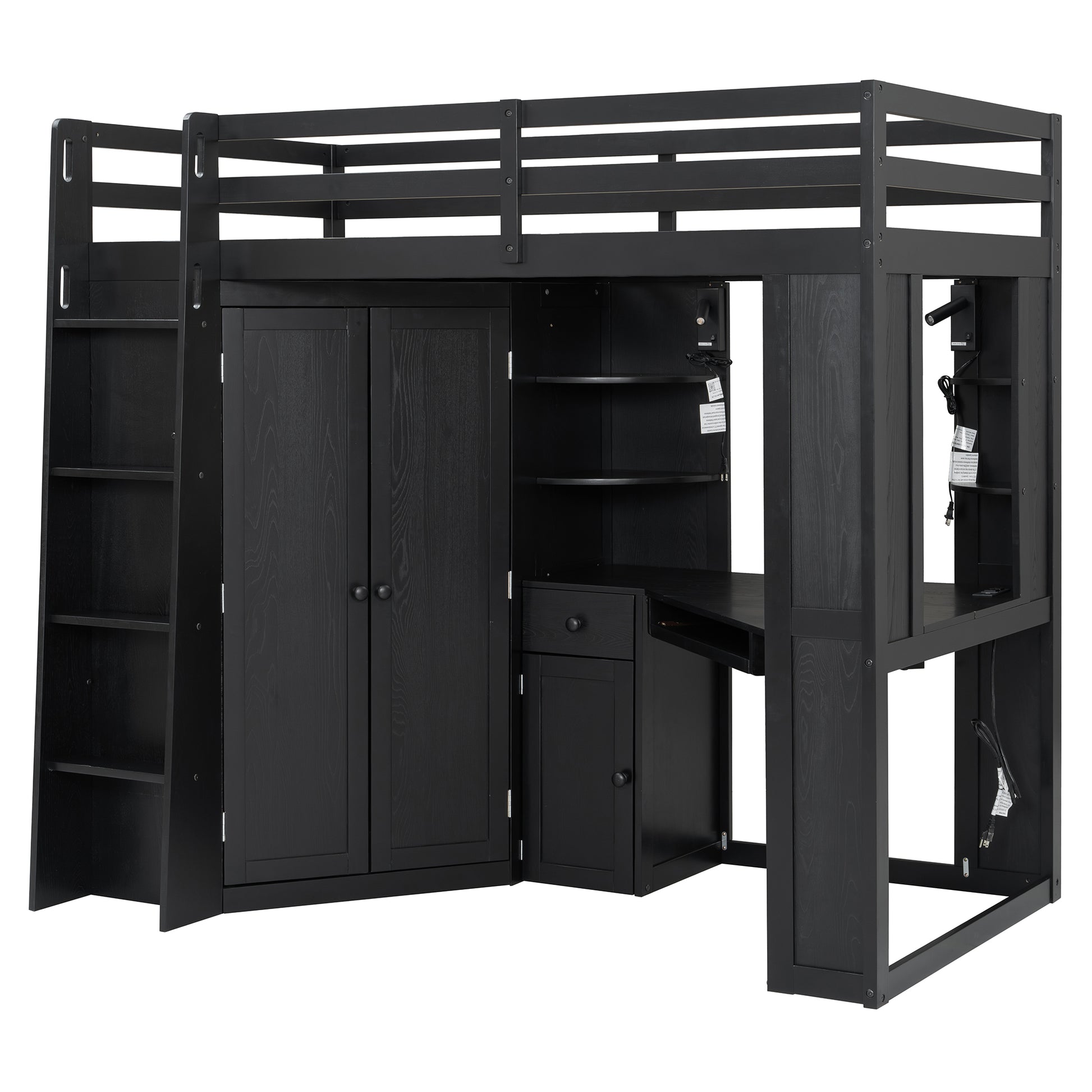 Twin Loft Bed with Wardrobe & Desk - Black Wood Frame for Bedroom