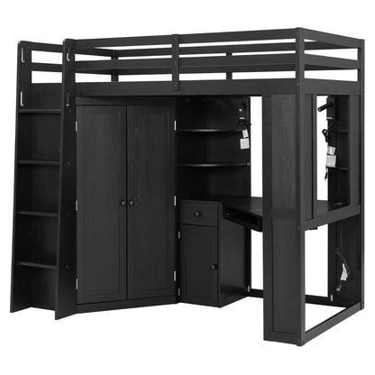 Twin Loft Bed with Wardrobe & Desk - Black Wood Frame for Bedroom