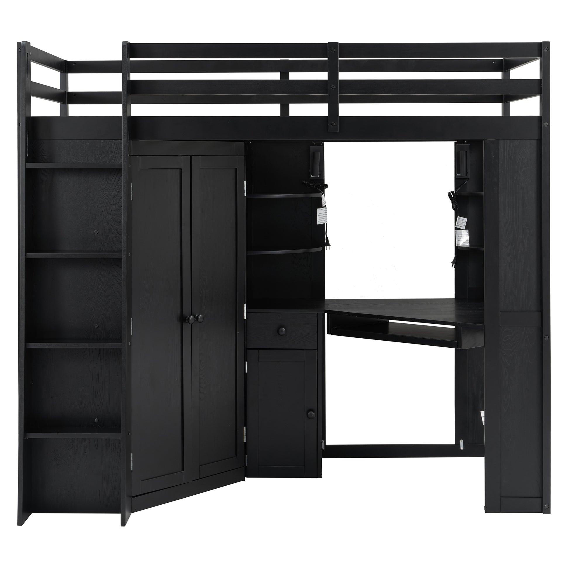 Twin Loft Bed with Wardrobe & Desk - Black Wood Frame for Bedroom