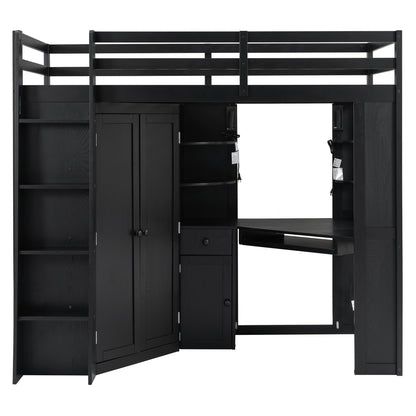 Twin Loft Bed with Wardrobe & Desk - Black Wood Frame for Bedroom