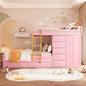 Full Size Bunk Bed with 2 Large Drawers & 5 Small Drawers, MDF & Solid Wood Construction, Modern Storage Design with Small Wardrobe –Sakura Pink