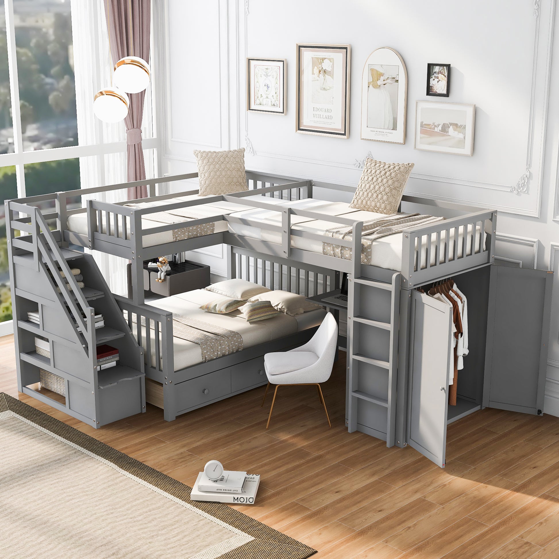 Twin-Twin over Full L-Shaped Bunk Bed With 3 Drawers, Portable Desk and Wardrobe, Gray(OLD SKU:LT100542AAE)