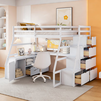 Full Size Loft Bed with 7 Drawers 2 Shelves and Desk - White(OLD SKU:LT000649AAK-1)
