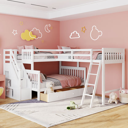 Twin over Full L-Shaped Bunk Bed With 3 Drawers, Ladder and Staircase - White(OLD SKU:LT000810AAK-1)