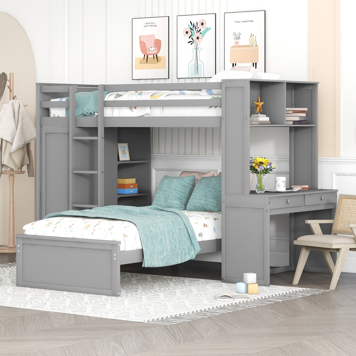 Twin size Loft Bed with a Stand-alone bed, Shelves,Desk,and Wardrobe-Gray(OLD SKU:LT000820AAE)