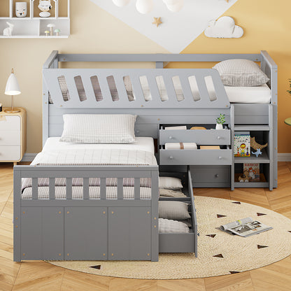 Gray Twin Loft & Platform Bed with 7 Drawers - Space Saving Storage for Bedroom