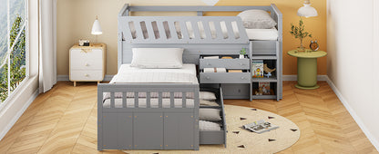 Gray Twin Loft & Platform Bed with 7 Drawers - Space Saving Storage for Bedroom