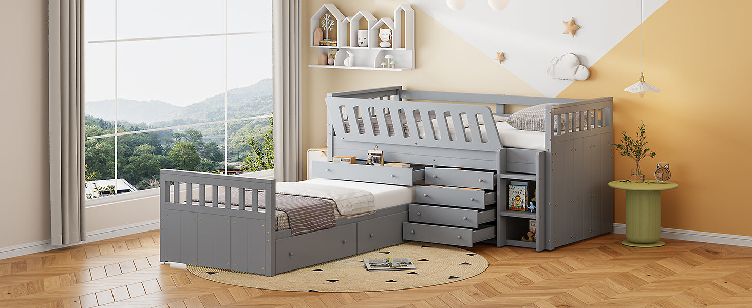 Gray Twin Loft & Platform Bed with 7 Drawers - Space Saving Storage for Bedroom